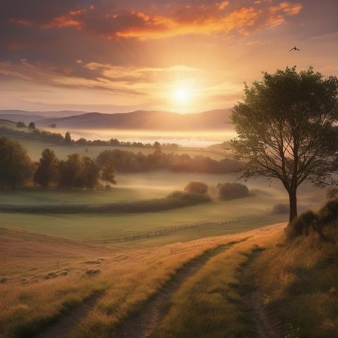 A beautiful Protestant Christian morning sunrise scene over a quiet landscape, representing the dawn of a new spiritual journey with the Holy Spirit. Cinematic, serene, photorealistic.