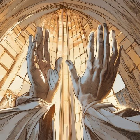 A close-up of hands raised in genuine, heartfelt Protestant Christian worship, bathed in a warm heavenly glow from a church window. Ethereal, emotional, highly detailed.