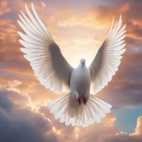 A majestic, glowing white dove representing the Holy Spirit descending gracefully in a bright, ethereal heavenly sky. Cinematic, awe-inspiring, premium divine aesthetic.