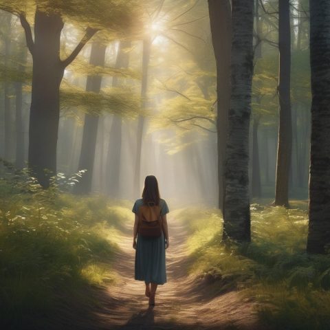 A young woman walking in a quiet forest, listening deeply for the still, small voice of the Holy Spirit. Beautiful Protestant Christian nature scene. Cinematic, serene.
