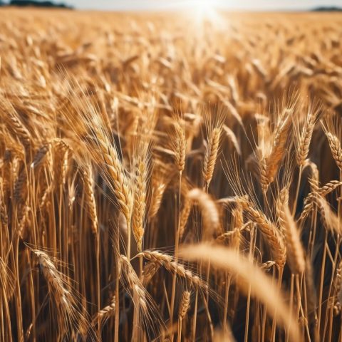 A field of golden wheat blowing gently in a warm, glowing wind under a bright blue sky, symbolizing the invisible but powerful presence of the Holy Spirit. Serene, cinematic.