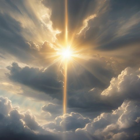A powerful, dynamic burst of golden divine light shining down from a cloudy sky onto a peaceful landscape, representing the power of the Holy Spirit. Cinematic, majestic.
