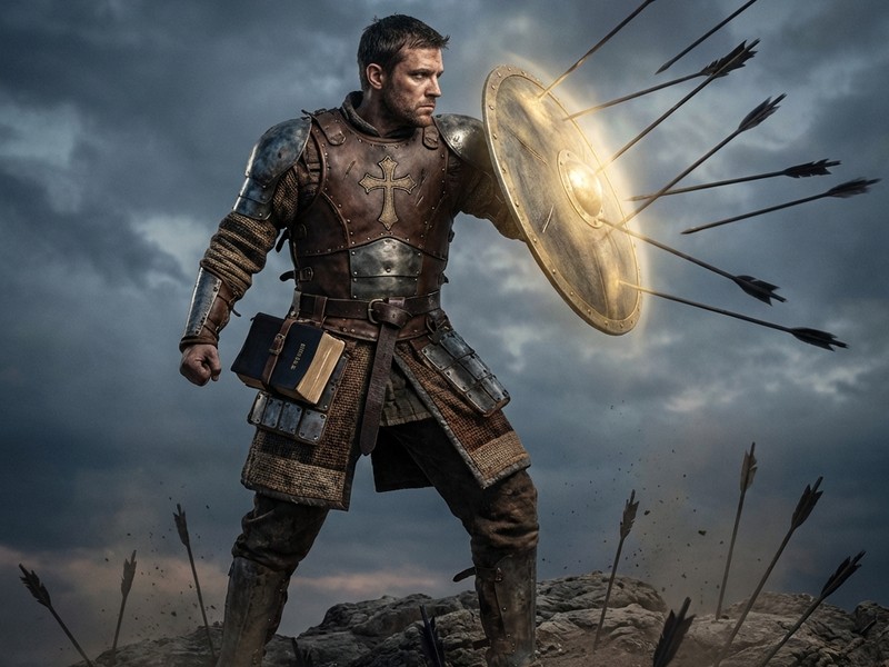 A believer dressed in spiritual armor standing firm against an onslaught of dark arrows.