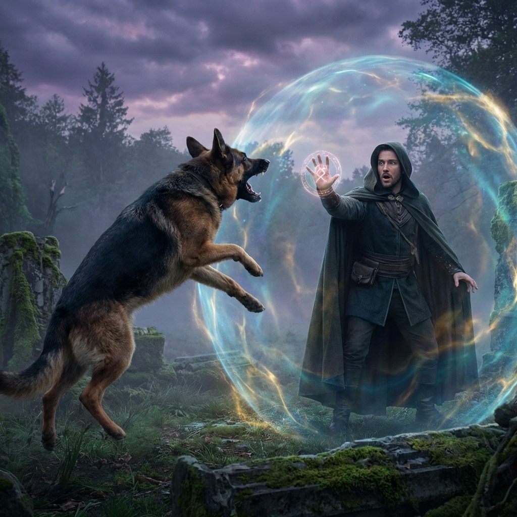 German Shepherd attack stopped by shield