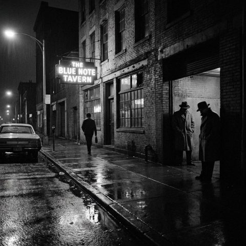 Shadowy figures waiting outside a dark barroom.