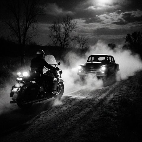 A police motorcycle chasing a car into a dust cloud at night.