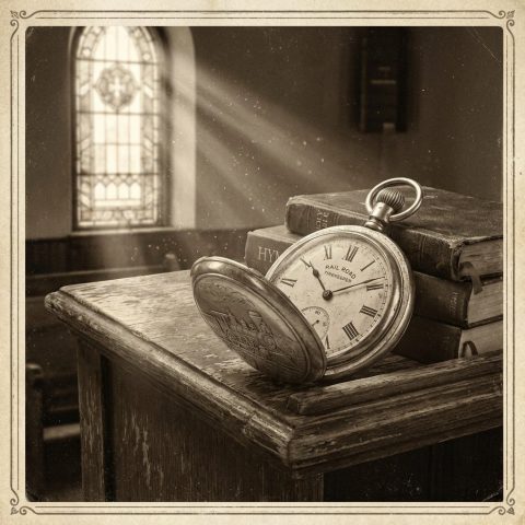 An antique railroad watch on a church pulpit.