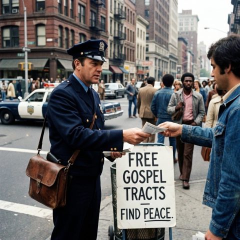 A police officer handing out gospel tracts on a street corner.
