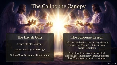 Chapter 1 summary slide: The Lavish Gifts (Crown of Gold: Wisdom, Golden Earrings: Knowledge, Golden Nose Ornament: Discernment). The Supreme Lesson: Gifts are not the goal. Even a King wishes to be loved for Himself, not for the royal favors He bestows. The ultimate mystery is not spiritual knowledge or titillating revelation, but divine love. The pursuer wants to be pursued.