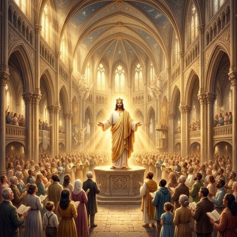 A bright, holy sanctuary with King Jesus standing on a platform, shining with celestial light.