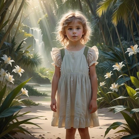 A young child spirit with tousled hair, wearing a pale shift and pinafore, standing in paradise.