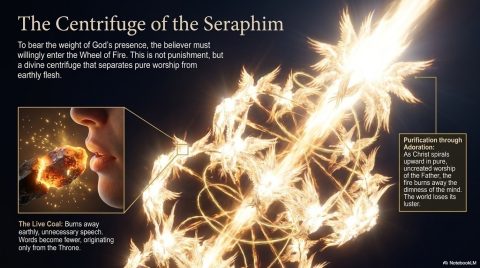 Chapter 6 slide: To bear the weight of God's presence, the believer must willingly enter the Wheel of Fire. This is not punishment, but a divine centrifuge that separates pure worship from earthly flesh. The Live Coal: Burns away earthly, unnecessary speech. Words become fewer, originating only from the Throne. Purification through Adoration: As Christ spirals upward in pure, uncreated worship of the Father, the fire burns away the dimness of the mind. The world loses its luster.