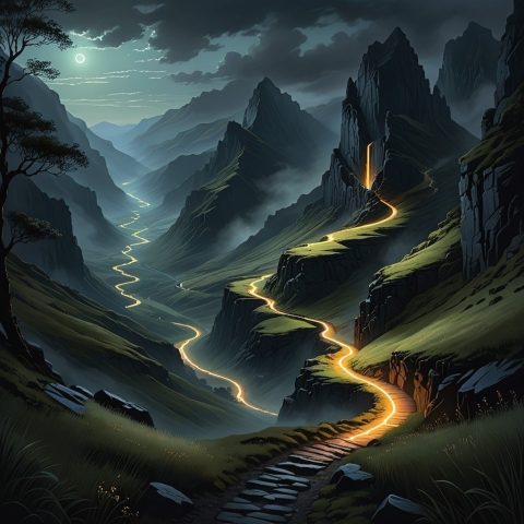 A dark valley with a glowing pathway winding through it, representing walking by faith.