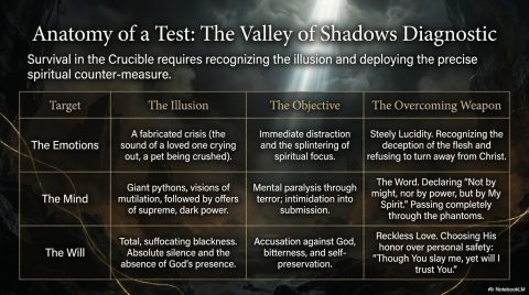 Chapter 7 slide: Survival in the Crucible requires recognizing the illusion and deploying the precise spiritual counter-measure: Target, The Illusion, The Objective, and The Overcoming Weapon for Emotions, Mind, and Will.