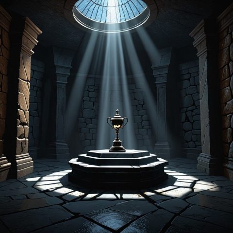 A dark, cold stone chamber representing a defeated enemy's trophy room being exposed by a ray of light.