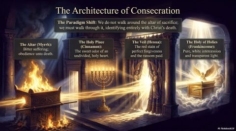 Chapter 10 slide: The Paradigm Shift: We do not walk around the altar of sacrifice; we must walk through it, identifying entirely with Christ's death. The Altar (Myrrh): Bitter suffering; obedience unto death. The Holy Place (Cinnamon): The sweet odor of an undivided, holy heart. The Veil (Henna): The red stain of perfect forgiveness and the ransom paid. The Holy of Holies (Frankincense): Pure, white intercession and transparent light.