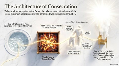Chapter 10 detail slide: To be ordained as a priest to the Father, the believer must not walk around the cross; they must appropriate Christ's completed work by walking through it: Step 1: The Immersion Pool, Step 2: Passing Through the Altar, Step 3: The Priestly Garments, and Step 4: The Holy of Holies.