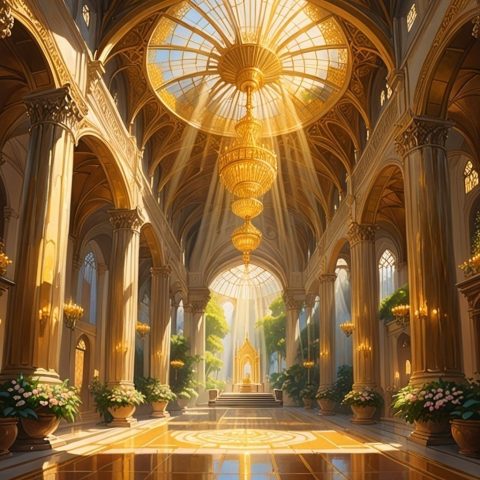 A majestic heavenly court filled with golden light and a glorious canopy for the betrothal ceremony.