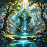 A beautiful crystal river of life flowing from a throne, bordered by trees of life in paradise.