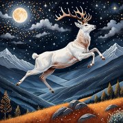 A beautiful white stag leaping over hills of spices under a starlit night sky, representing the beloved.