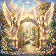 Walking through the lush, gated gardens of Paradise, guarded by two majestic cherubim.