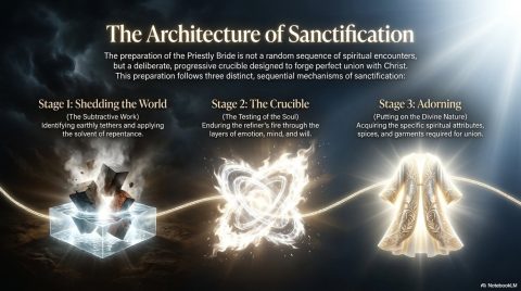 Preface slide: The preparation of the Priestly Bride is not a random sequence of spiritual encounters, but a deliberate, progressive crucible designed to forge perfect union with Christ. This preparation follows three distinct, sequential mechanisms of sanctification: Stage 1: Shedding the World (The Subtractive Work). Identifying earthly tethers and applying the solvent of repentance. Stage 2: The Crucible (The Testing of the Soul). Enduring the refiner's fire through the layers of emotion, mind, and will. Stage 3: Adorning (Putting on the Divine Nature). Acquiring the specific spiritual attributes, spices, and garments required for union.