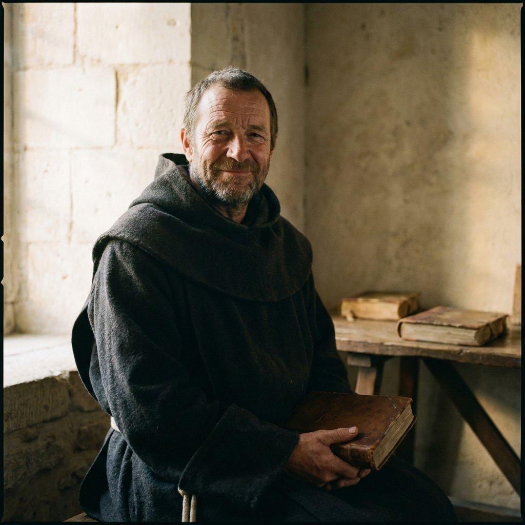 A middle-aged man in a simple monk's garb with a serious but cheerful face. Realistic portrait.