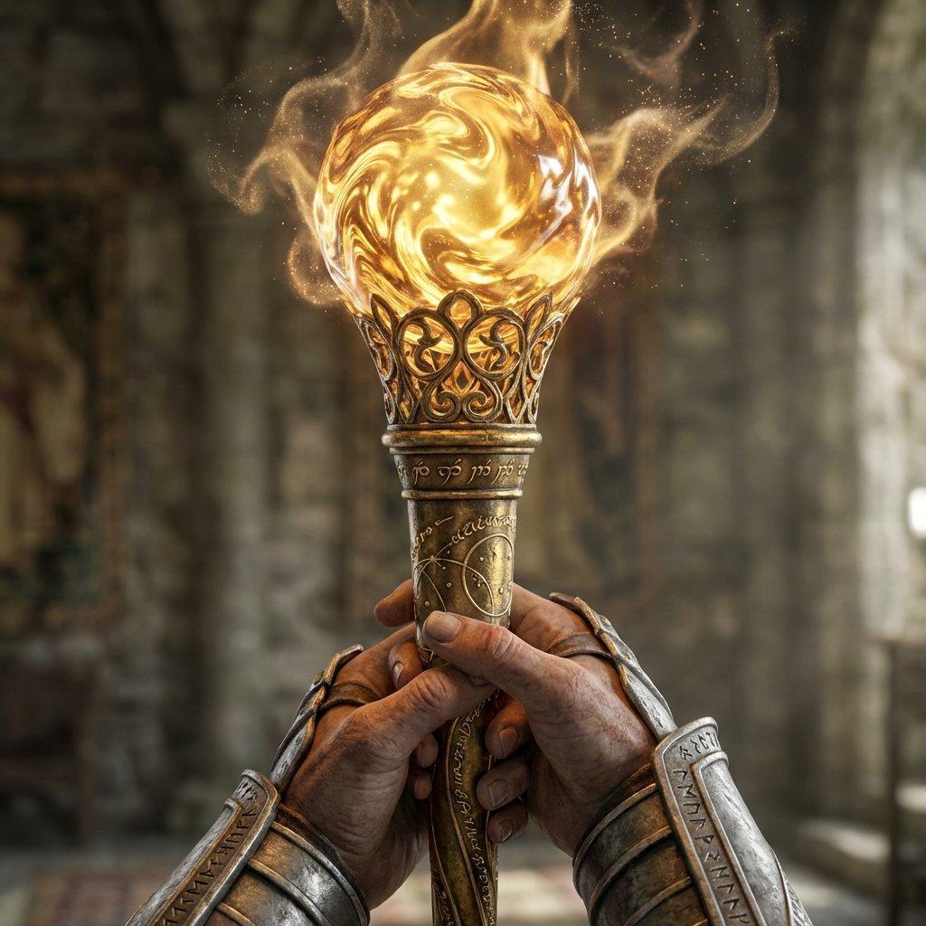 Close up of hands receiving a glowing, ethereal gold torch that is alive and breathing.