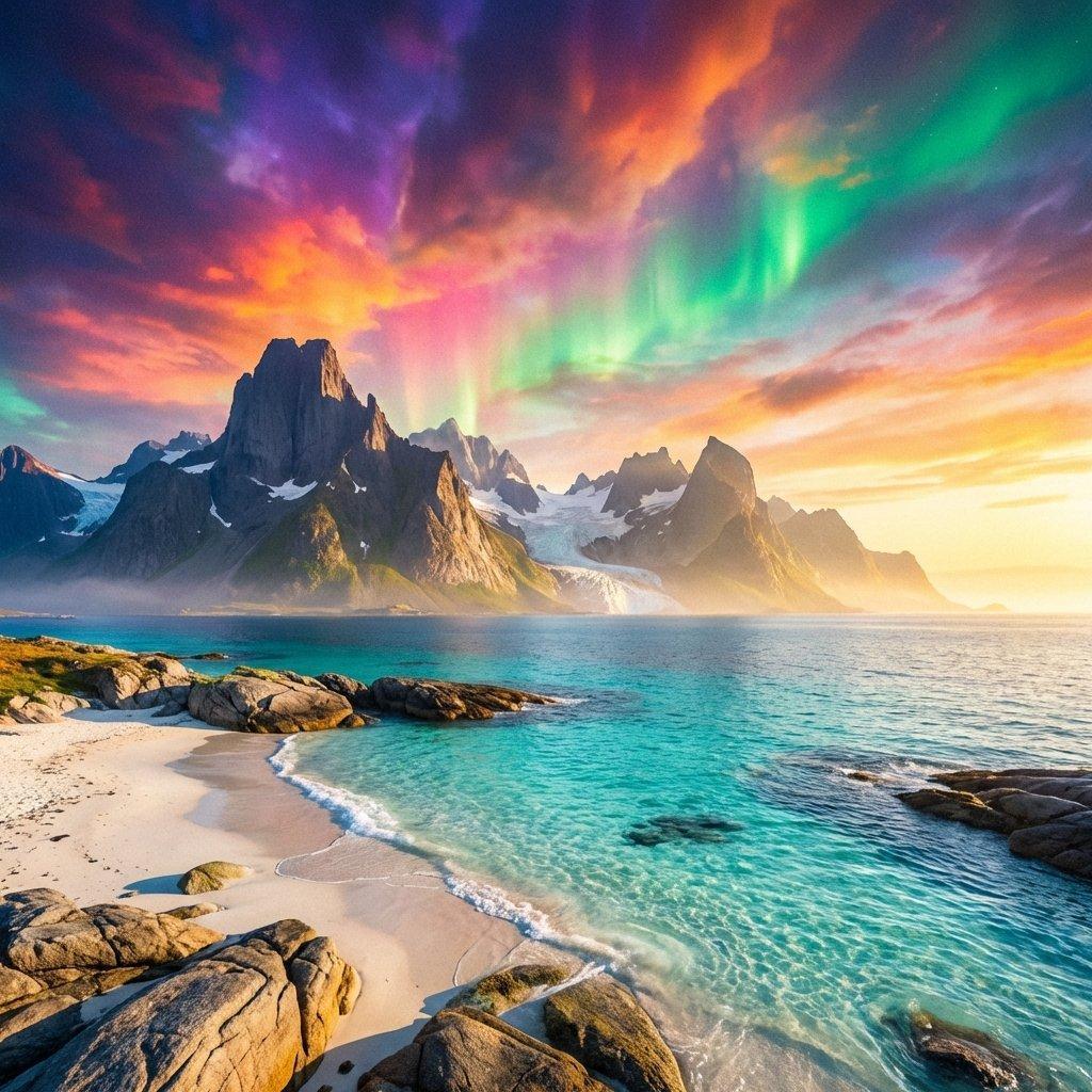 Majestic sunrise on a crystal clear beach with mountains in the far distance. Divine atmosphere.