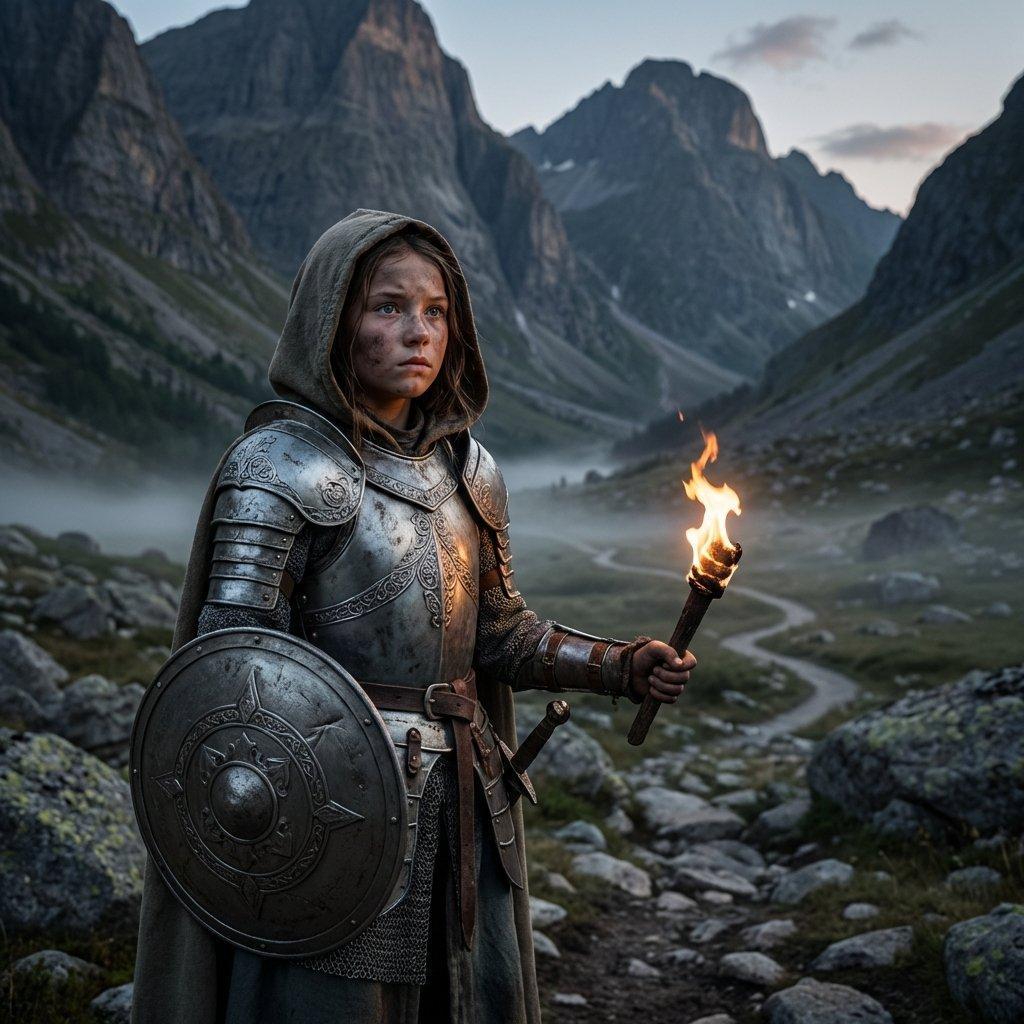 A 12-year-old girl in silver armor holding a shield and a small torch. A brave child warrior.
