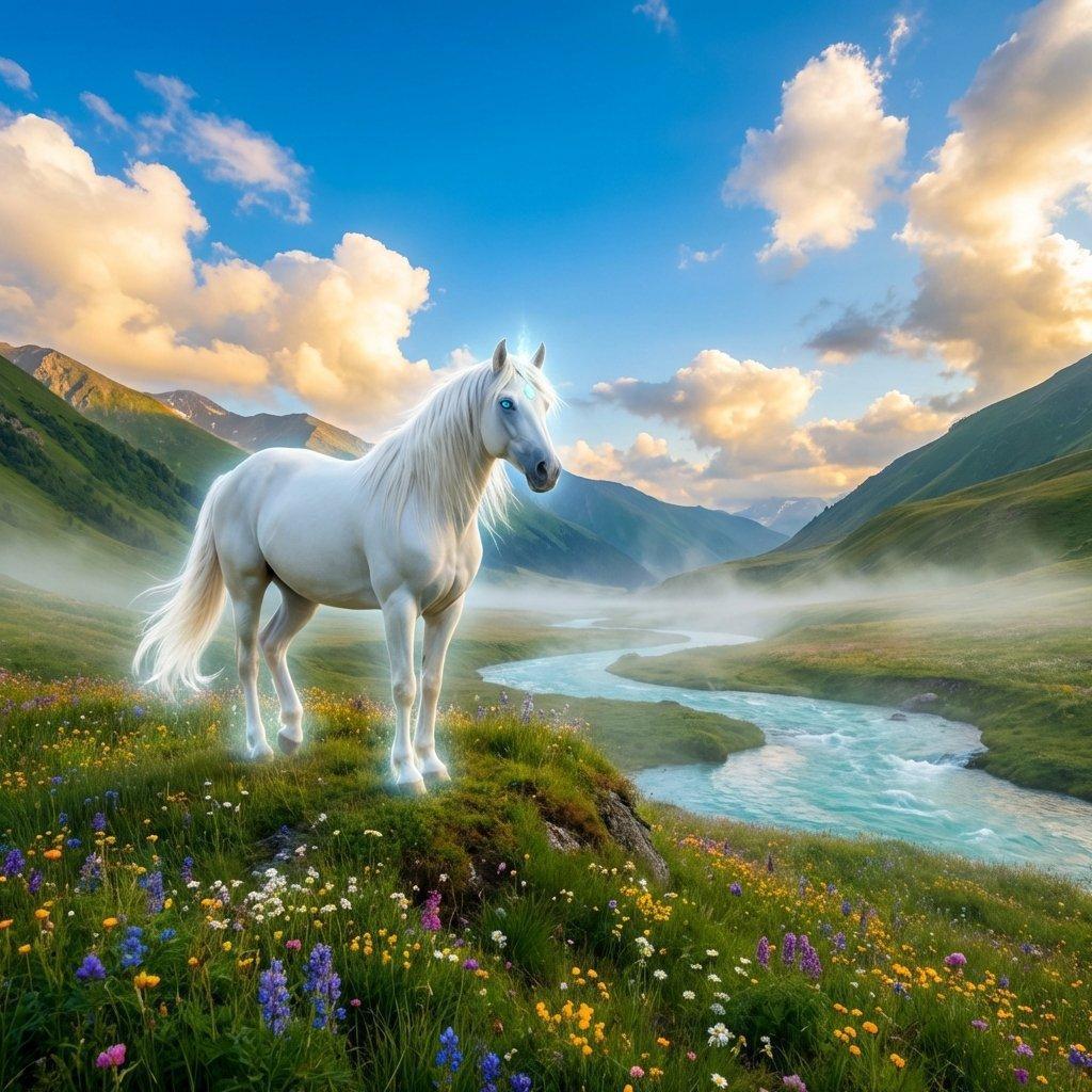 A powerful and intelligent white stallion standing in a lush valley under a brilliant sky.