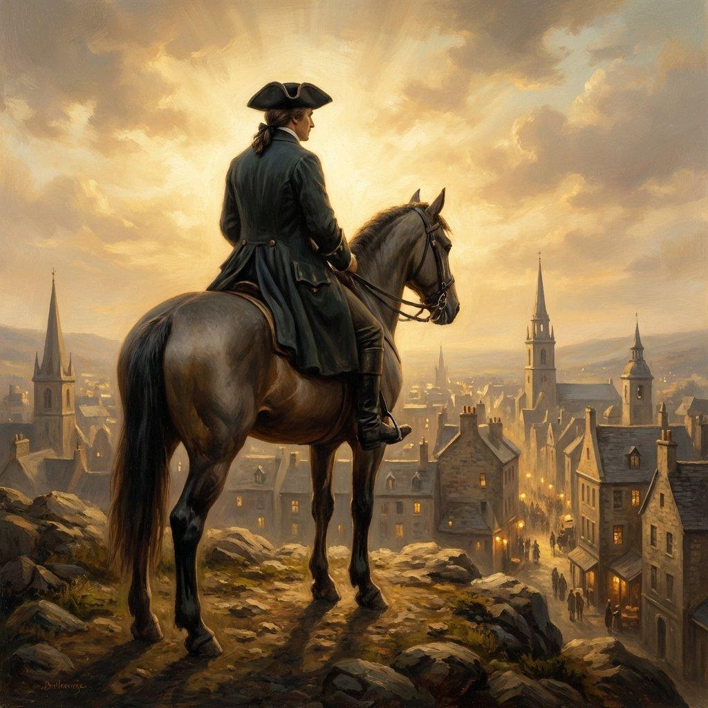 A figure representing a 18th-century preacher on a horse, looking over a city. Historical and spiritual feel.