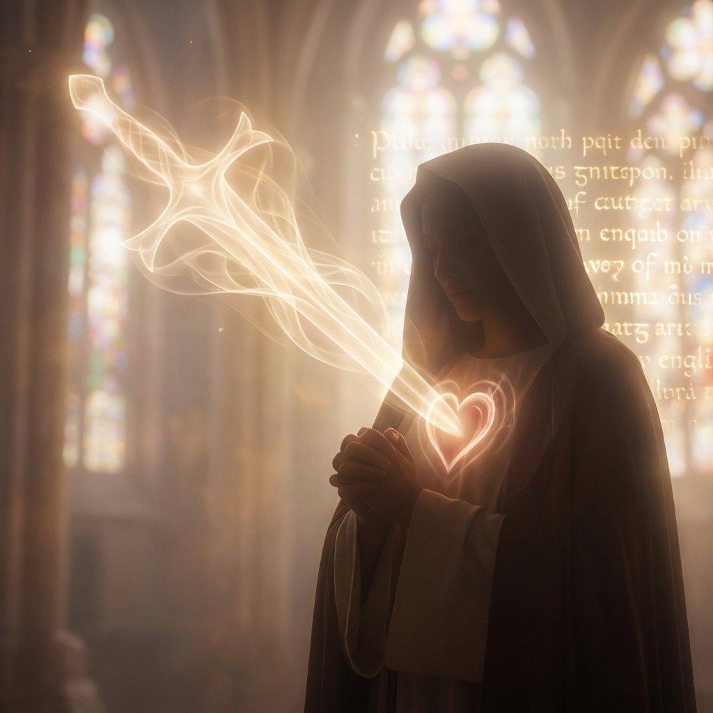 A symbolic image of light in the shape of a sword entering a human heart, representing the Word in the heart.