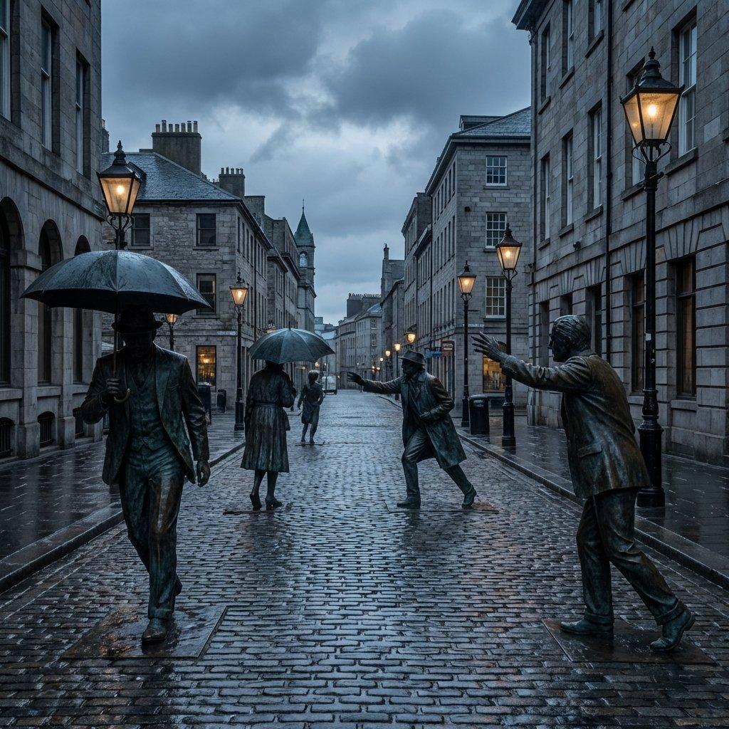 A dark city street filled with bronze statues of people who stopped moving. Solemn atmosphere.