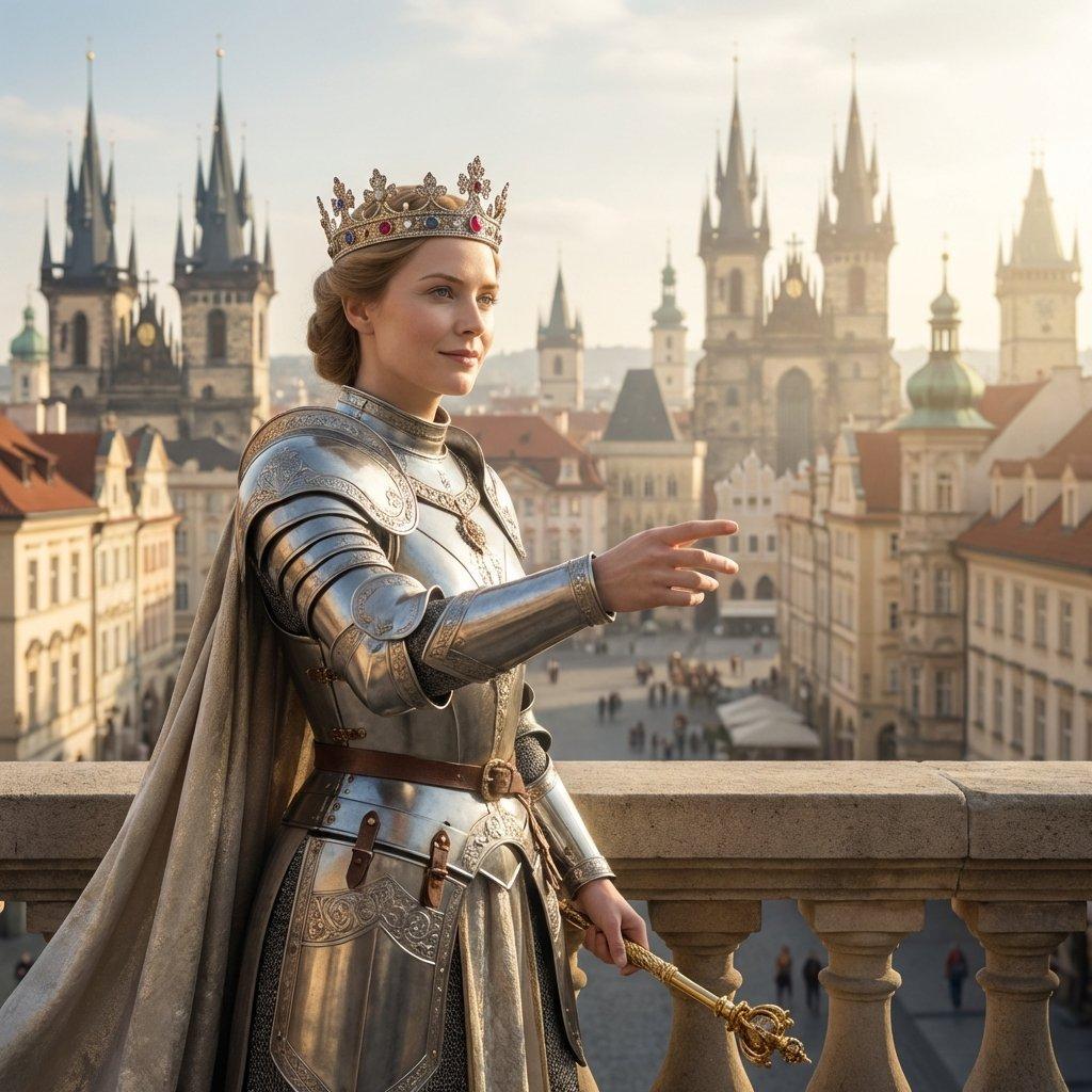A regal woman in brilliant silver armor and a crown, holding a scepter and looking heroic.