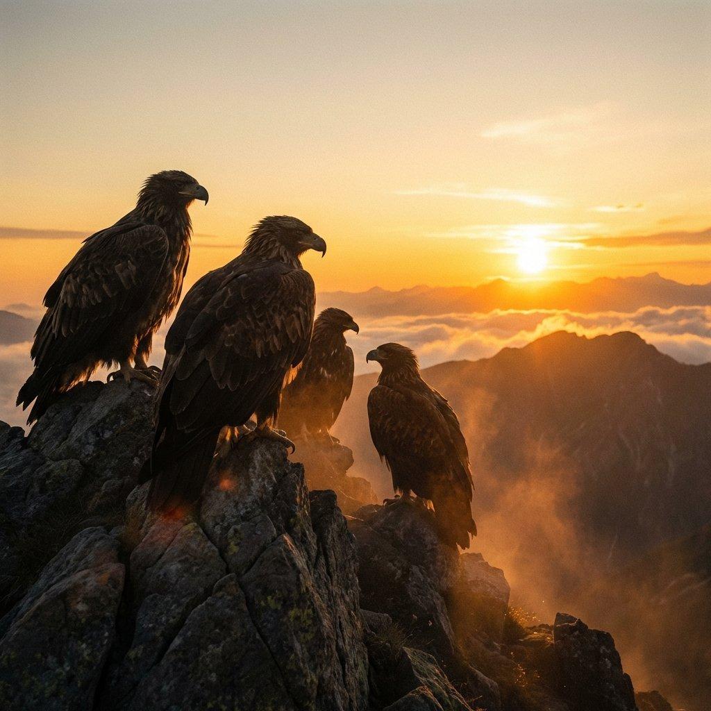 A council of large, wise eagles gathered on a rocky peak, silhouettes against a golden sky.
