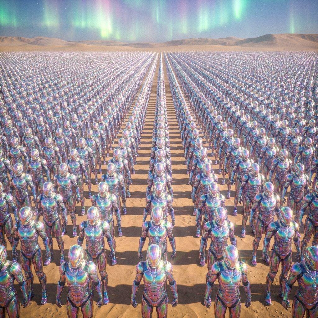 A vast army standing in ranks, each person wearing radiant light as armor. Epic scale.