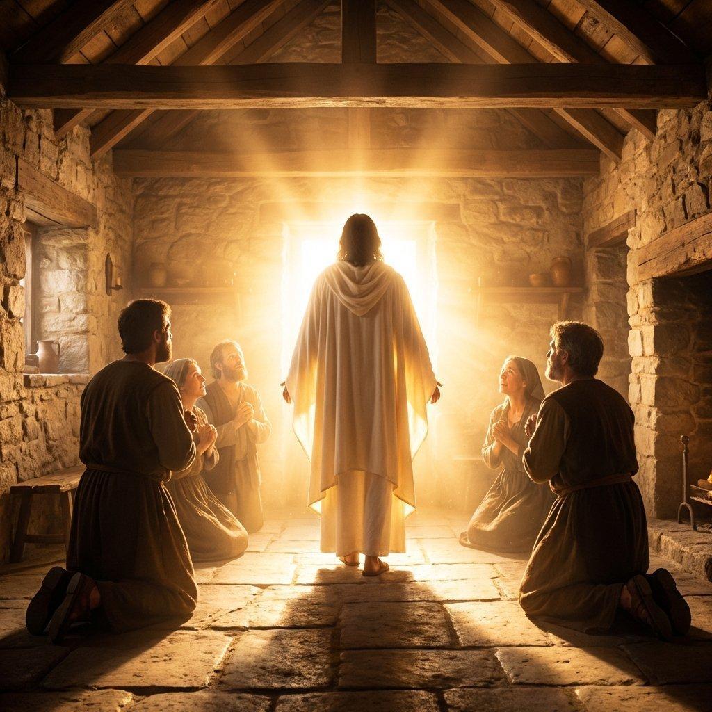 A room illuminated by the presence of the Lord, light emanating from a central figure. Awe-inspiring.